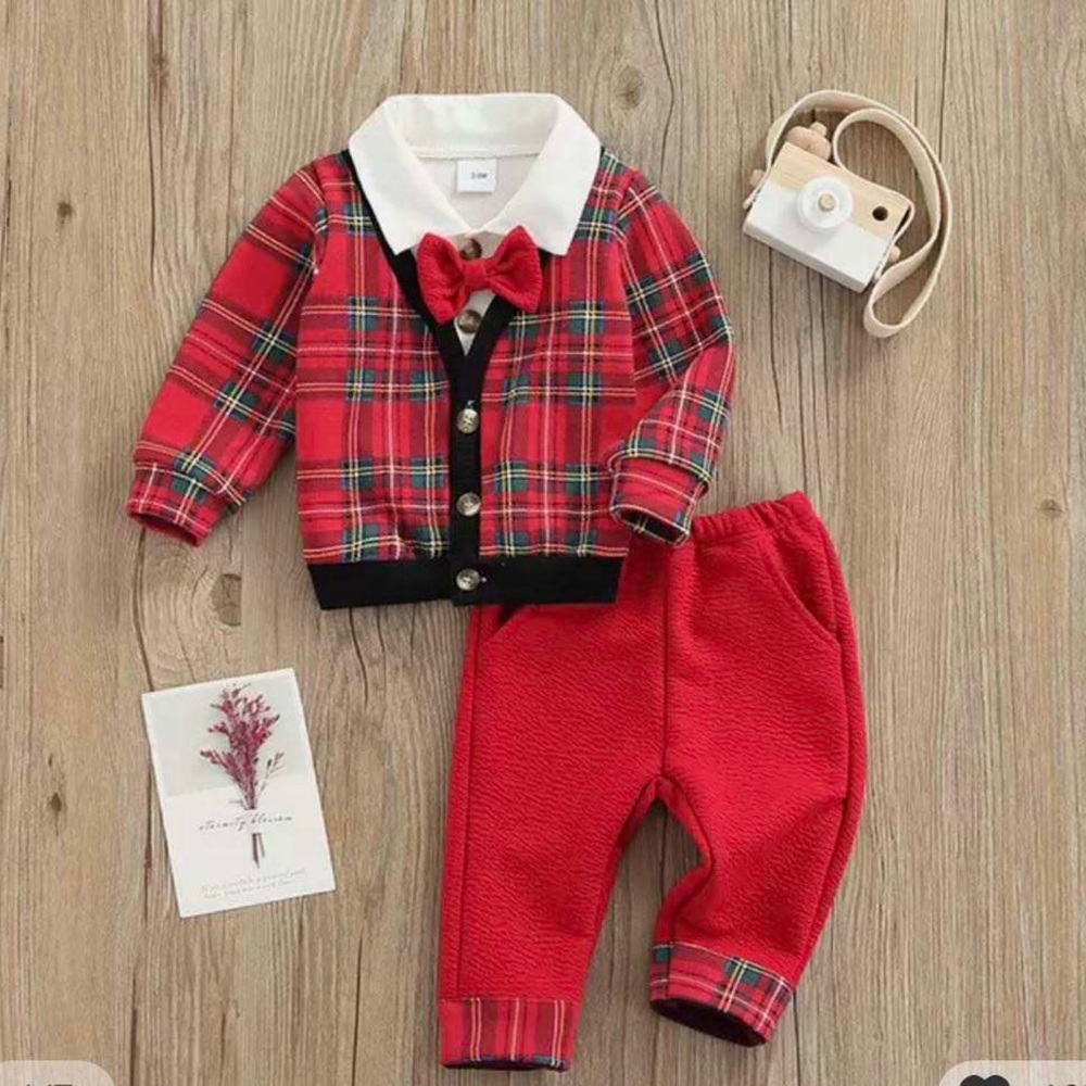 Baby toddler red plaid Christmas dress shirt set